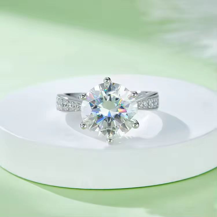 Elysium Shine: 925 Sterling Silver Ring with 5CT Round Cut VVS1 D Moissanite &amp; 0.22CT Side Stones