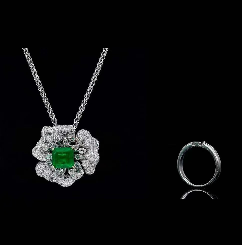 Majestic Muzo Green Emerald Jewelry: GRS 18k Gold Jewelry as Ring, Brooch and Pendant